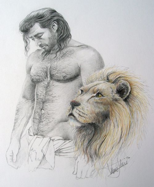 Daniel in der Löwengrube Bleistift, Buntstift