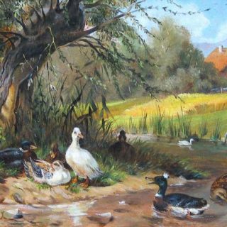 Tiere: “Enten am Weiher unter einer Weide”