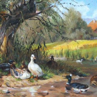 Tiere: „Enten am Weiher unter einer Weide“