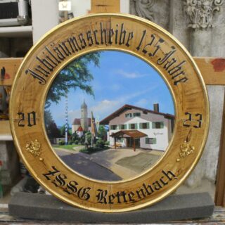 Drechselarbeiten: Schützenscheibe Motiv “Gemeinde Rettenbach am Auerberg”